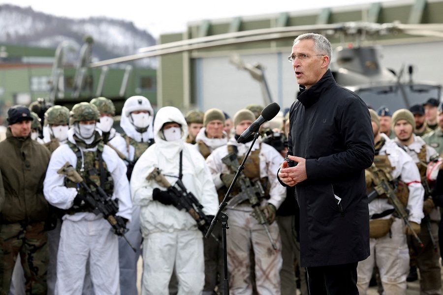 NATO Secretary General Jens Stoltenberg addresses the troops as part of a military exercise called "Cold Response 2022", gathering around 30,000 troops from NATO member countries plus Finland and Sweden, amid Russia's invasion of Ukraine, at a base in Bardufoss in the Arctic Circle, Norway, 25 March 2022. (Yves Herman/File Photo/Reuters)