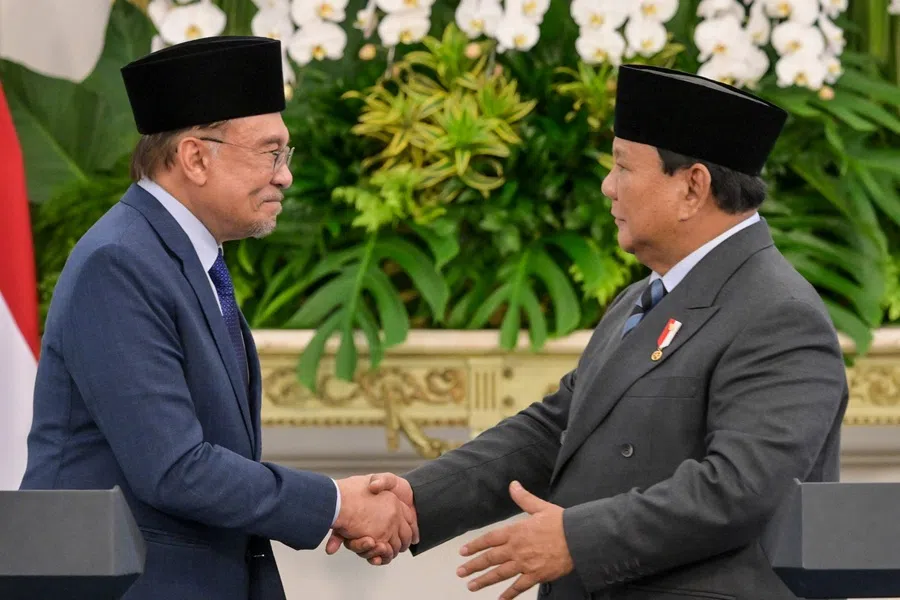 Indonesian President Prabowo Subianto (right) shakes hands with Malaysian Prime Minister Anwar Ibrahim following their meeting at the Merdeka Palace in Jakarta on 27 June 2025.