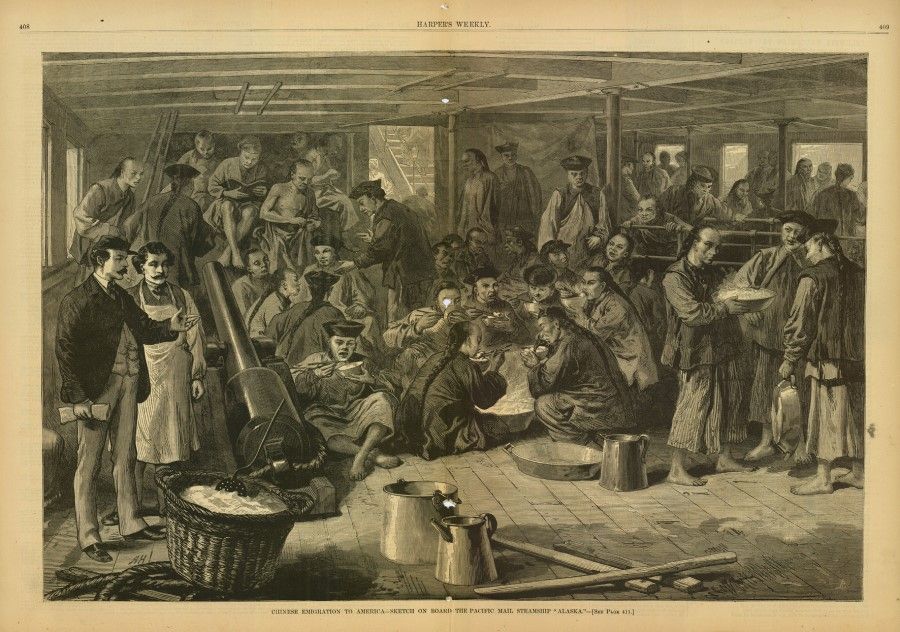 "Chinese emigration to America-sketch on board the Pacific mail steamship 'Alaska'", Harper's Weekly, 20 May 1876. The steamship Alaska, going from Hong Kong to San Francisco. Tickets cost US$50 each, with folding canvas beds in the cabin - travellers could add their own blankets if they wished. Meals on board cost an additional US60 to US$70; each person was provided with a standard bowl, to limit how much one could eat at each meal. The food was mediocre, with beans and soup, but almost no meat.