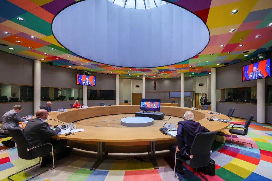 The EU-China summit via video conference at the European Council building in Brussels, on 1 April 2022. (Olivier Matthys/AFP)