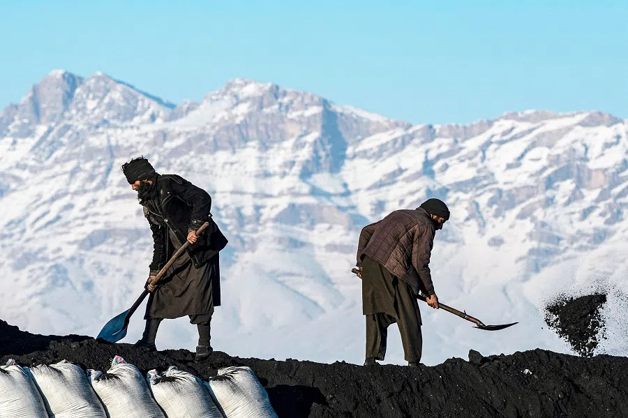 Afghan labourers shovel coal onto a truck bound for Pakistan, at a coal yard on the outskirts of Kabul on 6 January 2025.