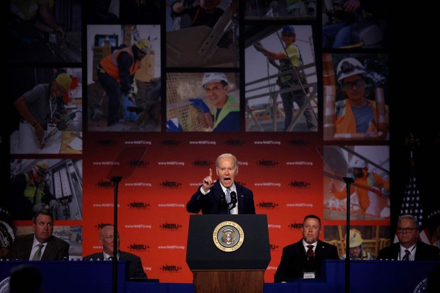 US President Joe Biden addresses the North America's Building Trades Unions legislative conference at the Washington Hilton on 25 April 2023 in Washington, DC, US. (Chip Somodevilla/AFP)