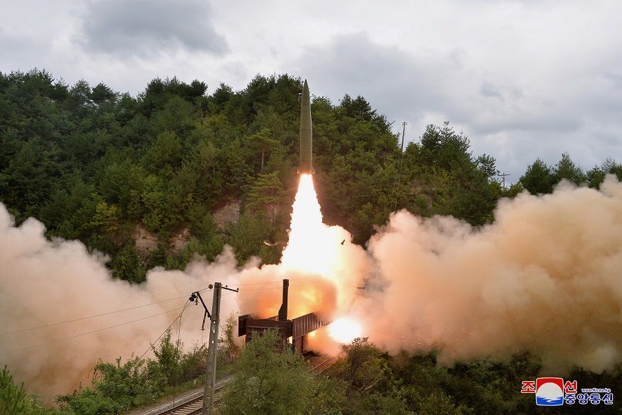 A missile is seen launching during a drill of the Railway Mobile Missile Regiment in North Korea, in this image supplied by North Korea's Korean Central News Agency on 16 September 2021. (KCNA via Reuters)