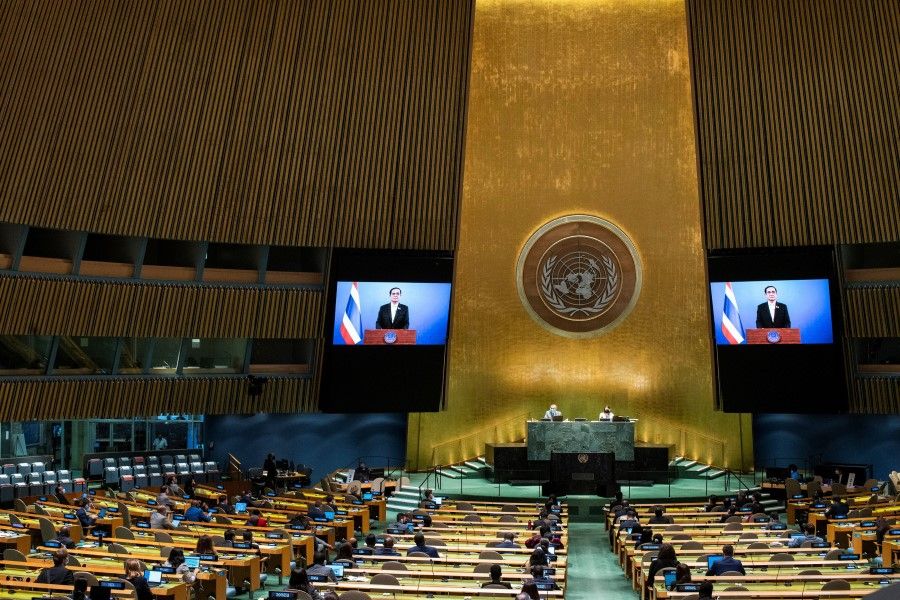 Thailand's Prime Minister Prayut Chan-o-cha remotely addresses the 76th Session of the U.N. General Assembly by pre-recorded video, in New York City, US, 25 September 2021. (Eduardo Munoz/Reuters)