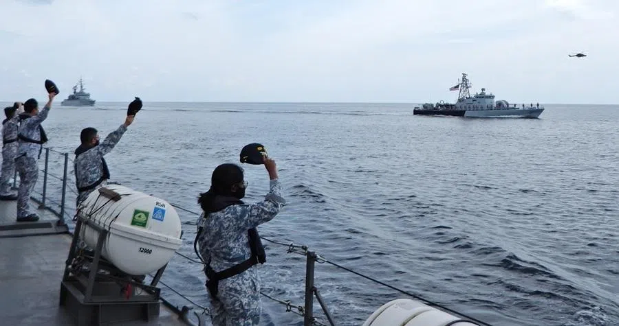 The Republic of Singapore Navy (RSN) and the Royal Malaysian Navy (RMN) in a bilateral maritime exercise in the northern part of the Malacca Strait in 2023. (Singapore Ministry of Defence)