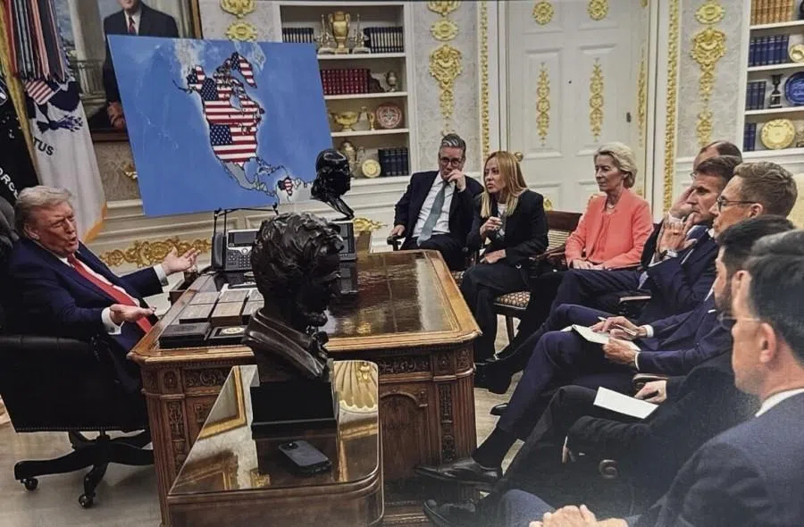 An AI-generated image of US President Donald Trump addressing European leaders with a map showing Canada, Greenland and Venezuela covered by the US flag, shared by Trump on Truth Social. (Donald Trump/Truth Social)