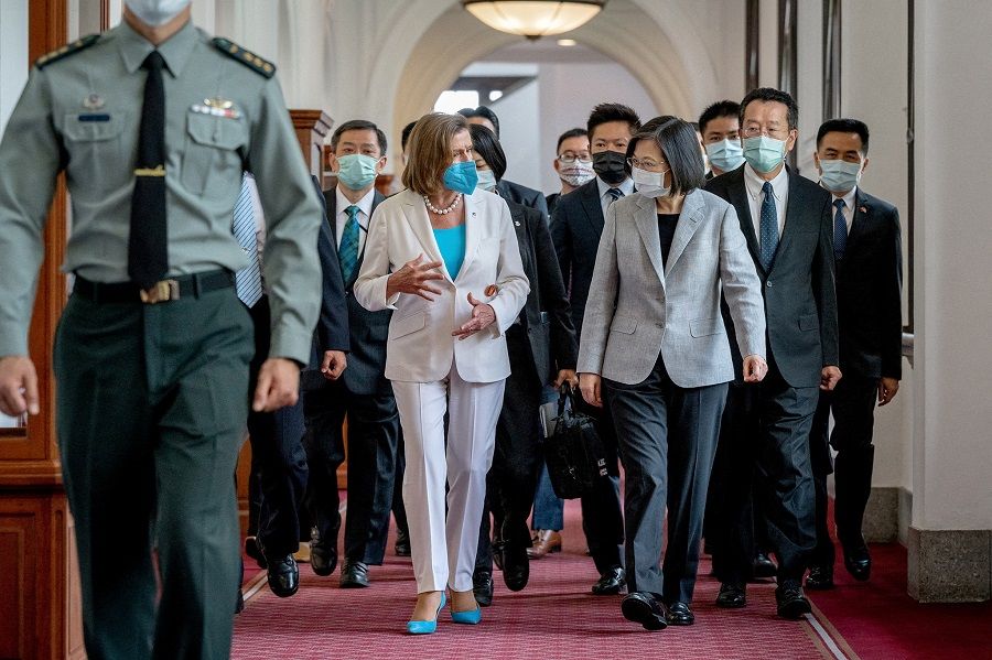 US House Speaker Nancy Pelosi attends a meeting with Taiwan President Tsai Ing-wen at the presidential office in Taipei, Taiwan, 3 August 2022. (Taiwan Presidential Office/Handout via Reuters)