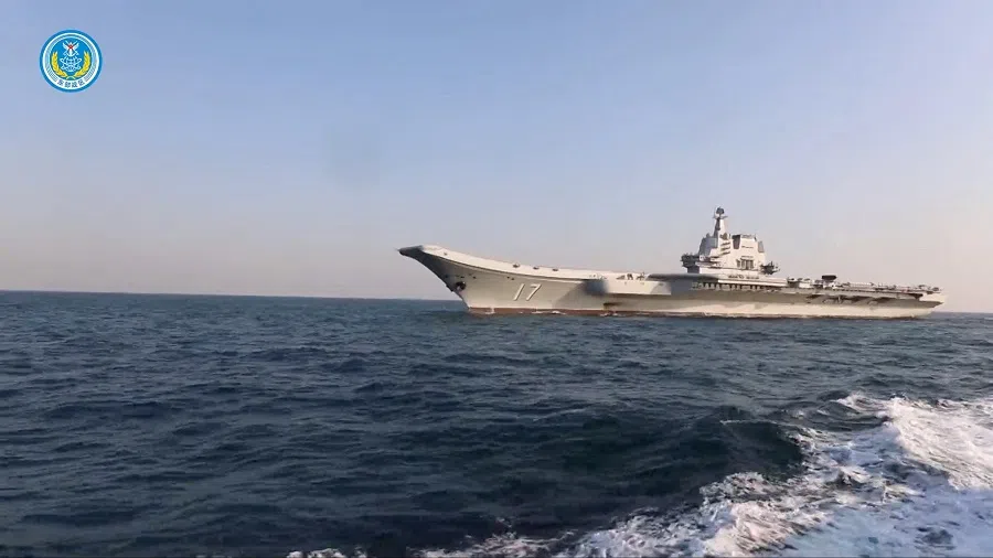Chinese aircraft carrier Shandong is seen in this screenshot taken from a video released by the Eastern Theatre Command of China’s People’s Liberation Army (PLA) on 1 April 2025. (Eastern Theatre Command/Handout via Reuters)