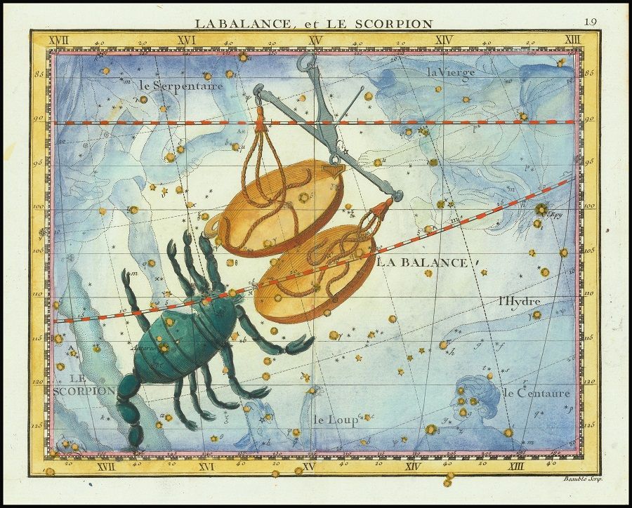 John Flamsteed, La Balance, et Le Scorpion (Libra & Scorpio), Paris, 1795. Detailed star chart of the constellations Libra and Scorpio and neighbouring constellations. (Wikimedia)