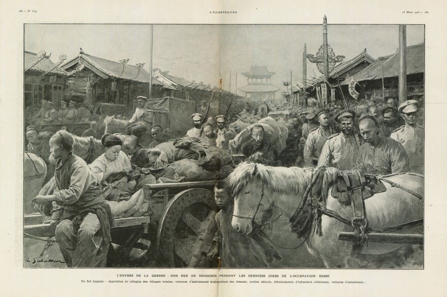 In 1905, French newspaper L'illustration reported on the Russian Army forcing the Chinese people to transport food in Mukden during the Russo-Japanese War.