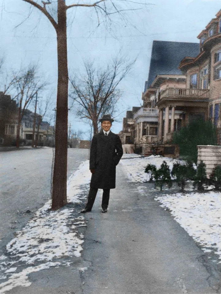 A young Chinese man in Portland in Western clothes. This generation of Chinese was educated in the West and had a completely different mindset than their parents.