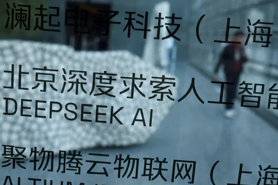 A DeepSeek AI sign is seen at a building where the Chinese start-up's office is located in Beijing, China, on 19 February 2025.