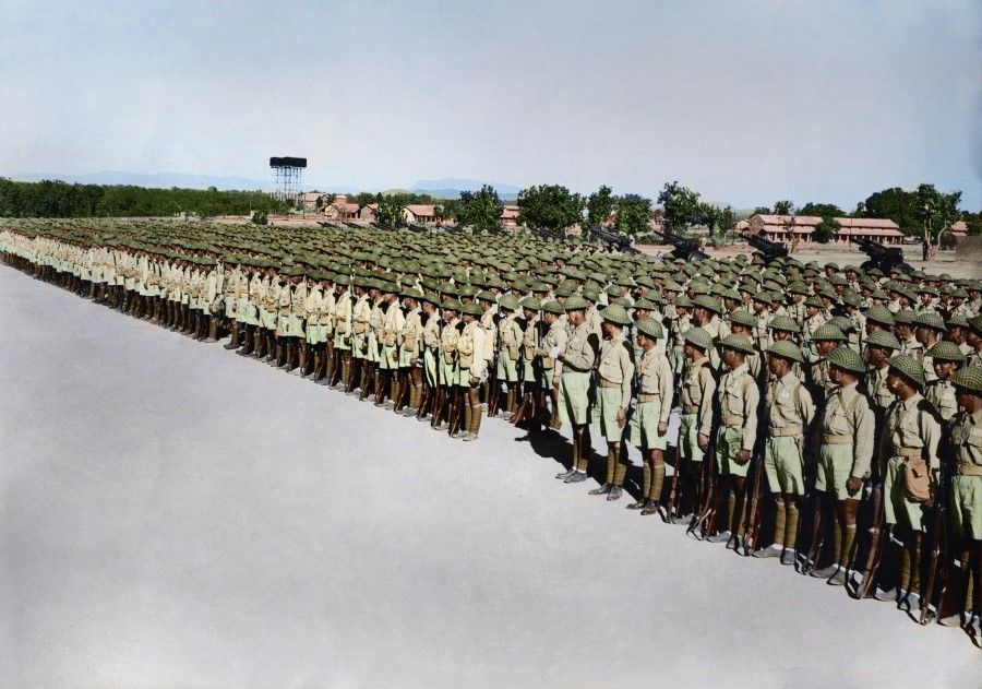 December 1934, Ramgarh, India - Chinese soldiers are standing in formation in this US-established training school while awaiting inspection by Marshal Chiang Kai-shek, who is stopping over on his return trip from Cairo to Chungking. Technically under the command of Gen. Joseph Stilwell, the Chinese Expeditionary Forces in India consist of the New First Army (made up of the 38th Division and the New 30th Division), with army commander Gen. Cheng Tong-kuo, and deputy commander Gen. Sun Li-jen. The New 22nd Division and New 50th Division were merged in 1944 into the Army. After receiving American training and equipment, this Chinese army was considered to have the highest combat capability and readiness.