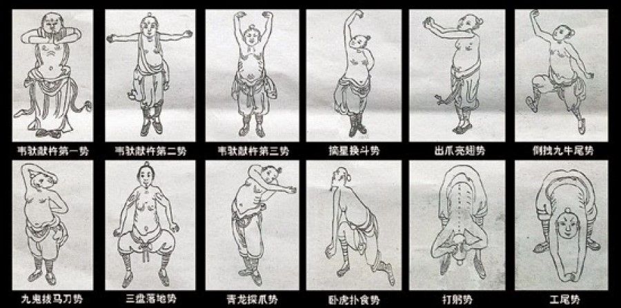 Images of the Yijin Jing. The image for the first move (韦驮献杵第一势, lit. Wei Tuo Presenting the Pestle, Stance 1) is on the top left-hand corner. (Internet)