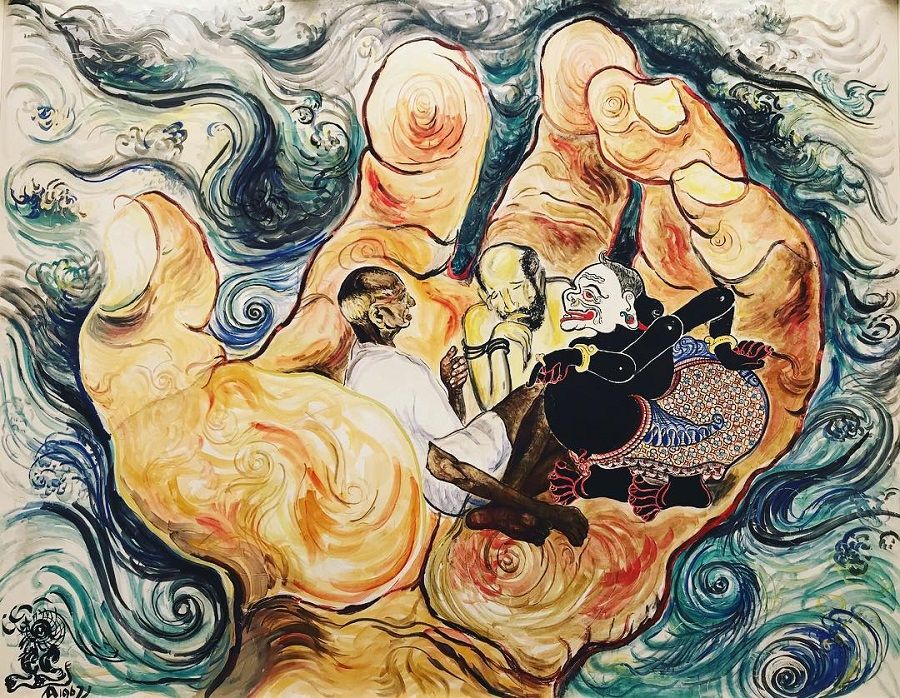 Indonesian maestro Affandi's "Wisdom of the East", a fresco mural in Jefferson Hall, East-West Center, University of Hawaii at Manoa. (Affandi Museum)