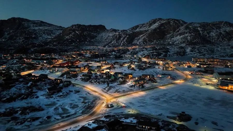 An aerial view shows the city of Sisimiut, Greenland, on 30 January 2026.