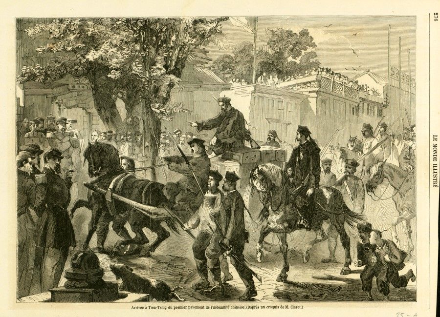 Etching from French publication Le Monde illustré in 1860, showing Qing troops sending the first tranche of reparations to Tianjin as China was forced to pay a large amount of war compensation. The intellectuals in the Qing court were "woken up" by the British and French troops, so that when Prince Kung took over governance during the time of the Tongzhi Emperor, he joined with Han generals Zuo Zongtang and Li Hongzhang - who quelled the Boxer Rebellion - to start a movement to strengthen China based on Western modernisation and mechanisation, starting the Tongzhi Restoration.