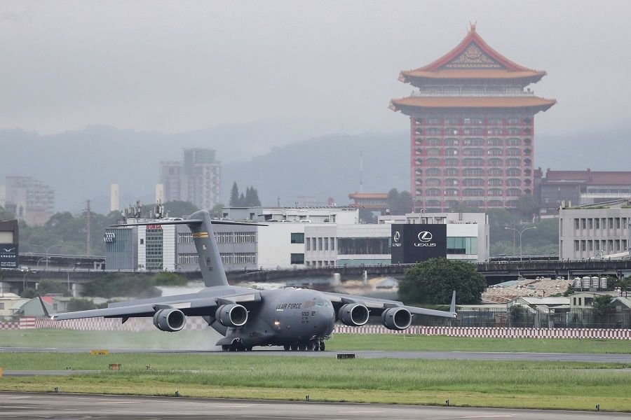A US Air Force C-17 Globemaster III carrying US Senators Tammy Duckworth, Dan Sullivan and Chris Coons arrives at Taipei Songshan Airport in Taipei, Taiwan, 6 June 2021. (Central News Agency/Pool via Reuters)