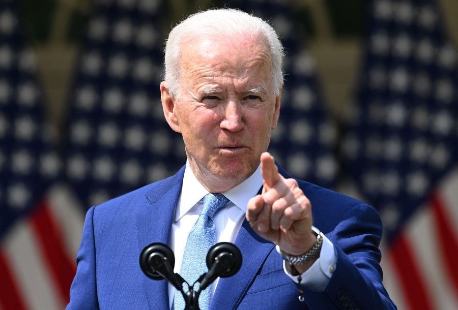 US President Joe Biden speaks at the Rose Garden of the White House in Washington, DC, on 8 April 2021. (Brendan Smialowski/ AFP)