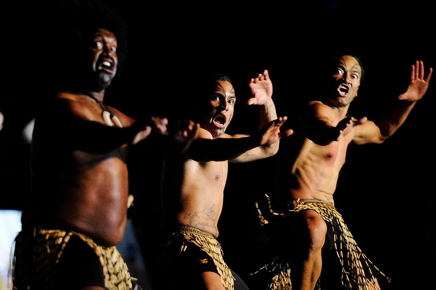 Dancers perform the Maori Haka of New Zealand to represent the city of Auckland, New Zealand, during the Flame Arrival Celebrations at the National University of Singapore on 6 August 2010. (Joseph Nair/SPH-SYOGC)