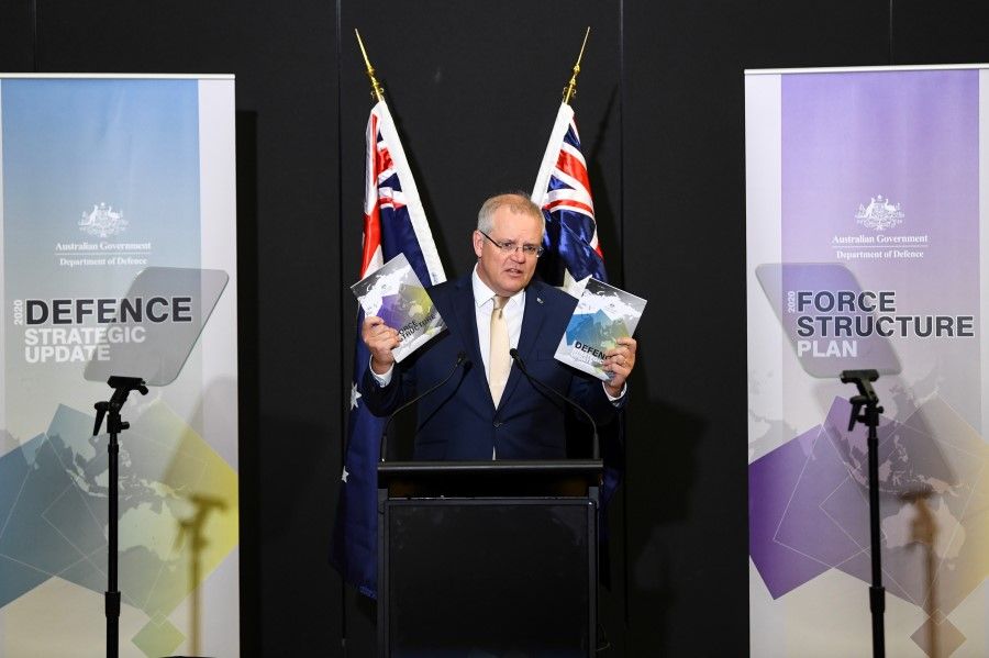 Australia's Prime Minister Scott Morrison speaks during the launch of the 2020 Defence Strategic Update, in the wake of cyber attacks targeting Australia, at the Australian Defence Force Academy in Canberra, Australia, 1 July 2020. (Lukas Coch via REUTERS)