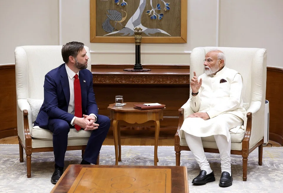 Indian Prime Minister Narendra Modi meets US Vice-President JD Vance at his residence in New Delhi, India, on 21 April 2025. (India’s Press Information Bureau/Handout via Reuters)
