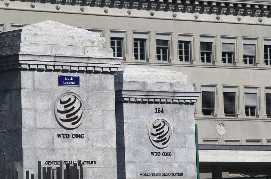 A logo is pictured on the headquarters of the World Trade Organization (WTO) in Geneva, Switzerland, on 2 June 2020. (Denis Balibouse/Reuters)