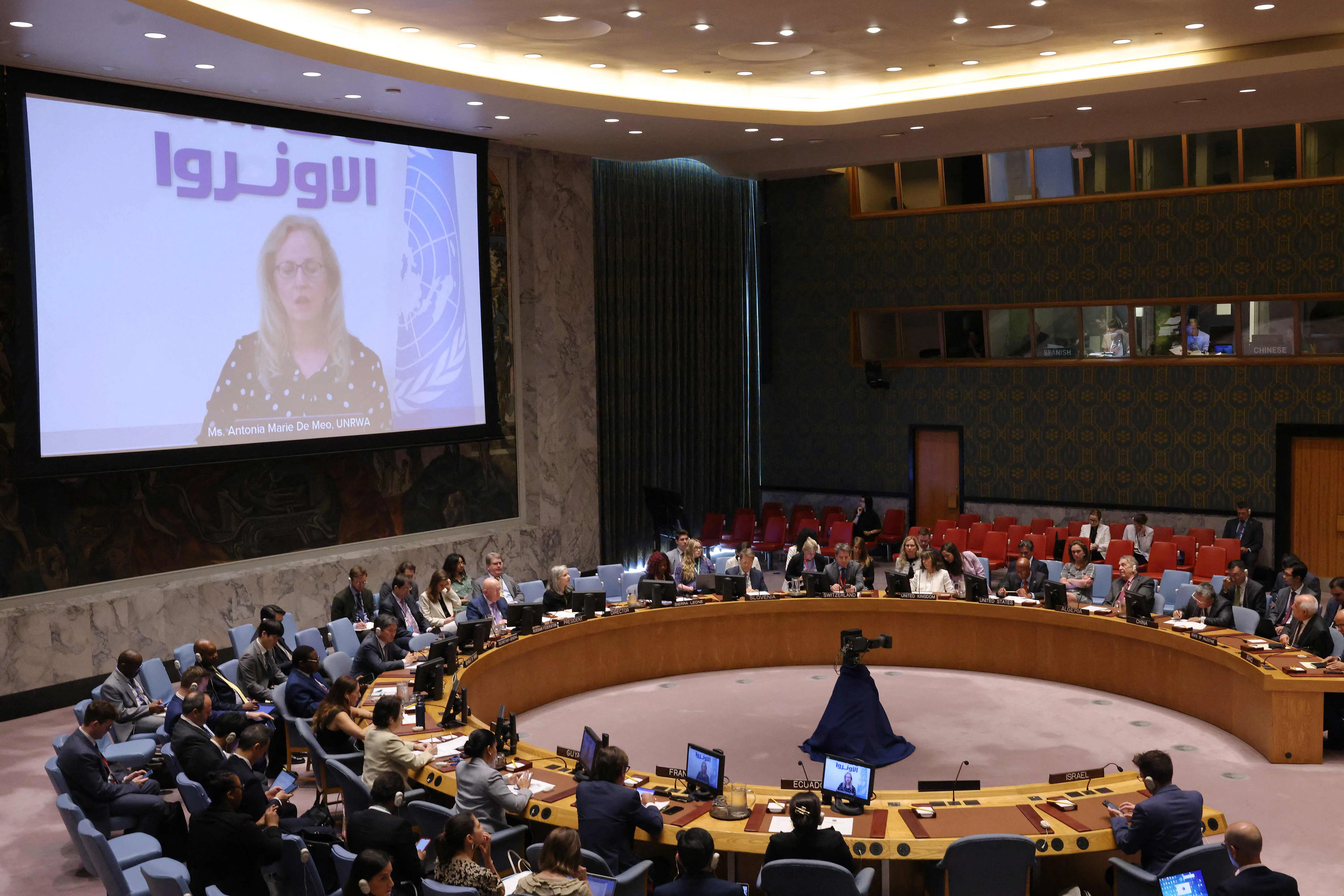 Members of the UN Security Council listen as Deputy Commissioner-General of the United Nations Relief and Works Agency for Palestine Refugees Antonia Marie De Meo, speaks during a meeting on the situation in the Middle East, including the Palestinian question at the United Nations headquarters on 26 July 2024 in New York City. (Michael M. Santiago/Getty Images/AFP)