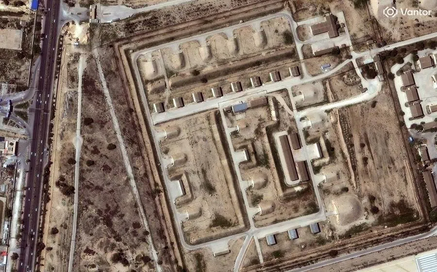 A satellite image shows a bunkered storage area at Bushehr airbase, Iran, on 27 February 2026, before reported airstrikes. (Vantor/Handout via Reuters)