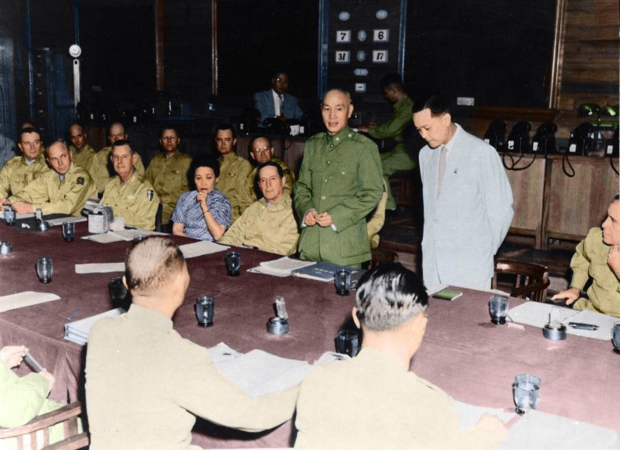 General MacArthur and President Chiang discussing military cooperation, 1950. The US army intervening in the Taiwan Strait allowed the KMT government to recover from the threat of an attack by the PLA.