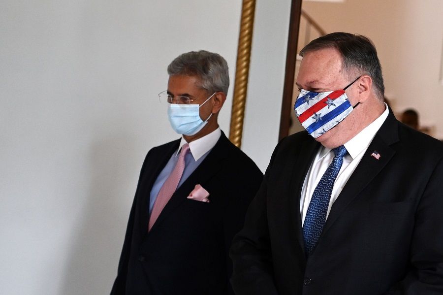 US Secretary of State Mike Pompeo (right) and Indian Foreign Minister Subrahmanyam Jaishankar arrive to attend their meeting in Tokyo on 6 October 2020. (Charly Triballeau/Pool/AFP)