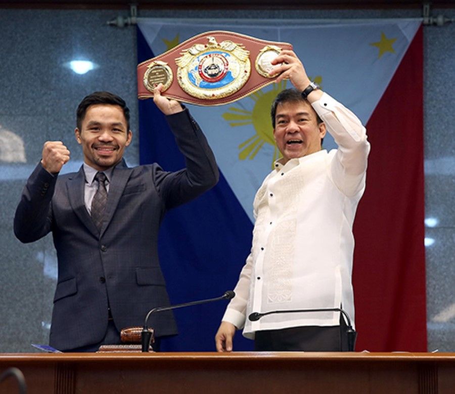 Then Senate president Aquilino "Koko" Pimentel III (right) with Manny Pacquiao, November 2016. (Albert Calvelo for the Philippines Presidential Communications Operations Office)