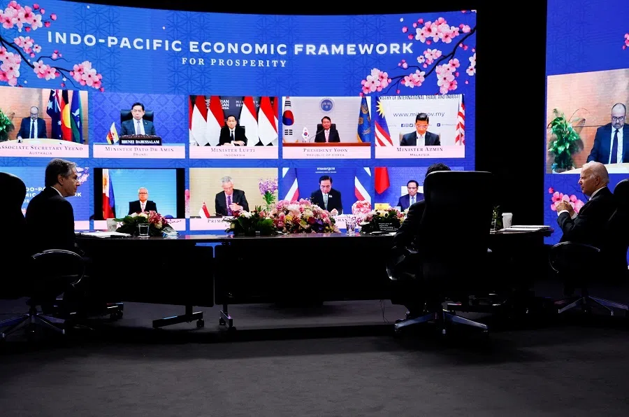 US President Joe Biden, US Secretary of State Antony Blinken and Japan's Prime Minister Fumio Kishida listen to other leaders joining the Indo-Pacific Economic Framework for Prosperity (IPEF) launch event virtually, at Izumi Garden Gallery in Tokyo, Japan, 23 May 2022. (Jonathan Ernst/Reuters)