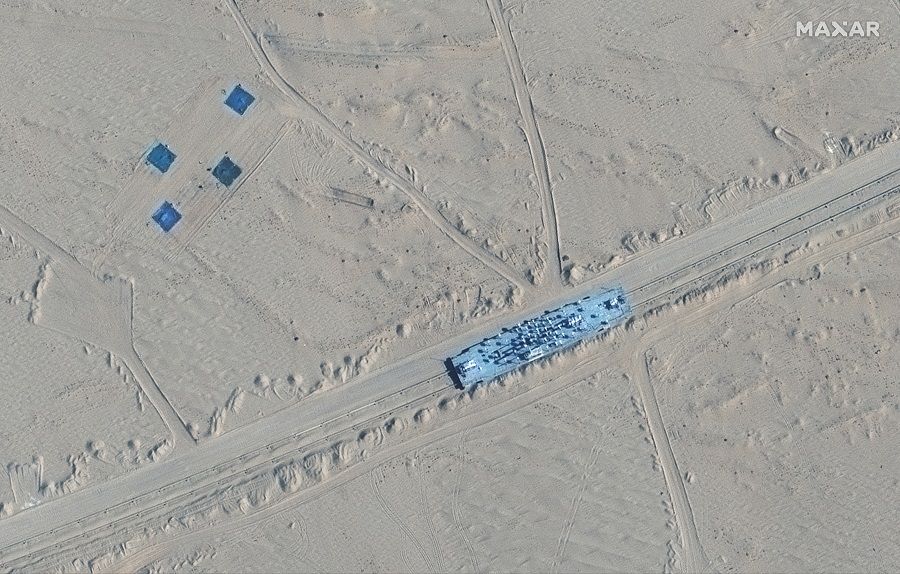 A satellite picture shows a mobile target in Ruoqiang, Xinjiang, China, 20 October 2021. (Satellite Image ©2021 Maxar Technologies/Handout via Reuters)