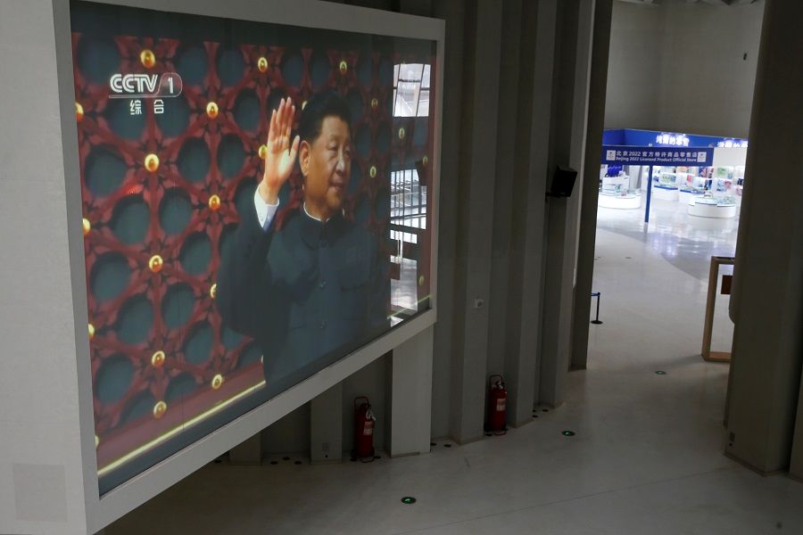 A screen showing Chinese President Xi Jinping is seen inside the Olympic Tower during an organised media tour to the 2022 Winter Olympic Games venues in Beijing, China, 22 January 2021. (Tingshu Wang/Reuters)