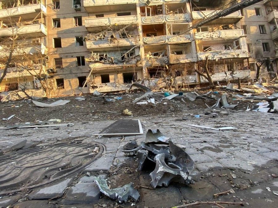 A view shows a residential building damaged by shelling, as Russia's attack on Ukraine continues, in Kyiv, Ukraine, in this handout picture released 15 March 2022. (Press service of the State Emergency Service of Ukraine/Handout via Reuters)