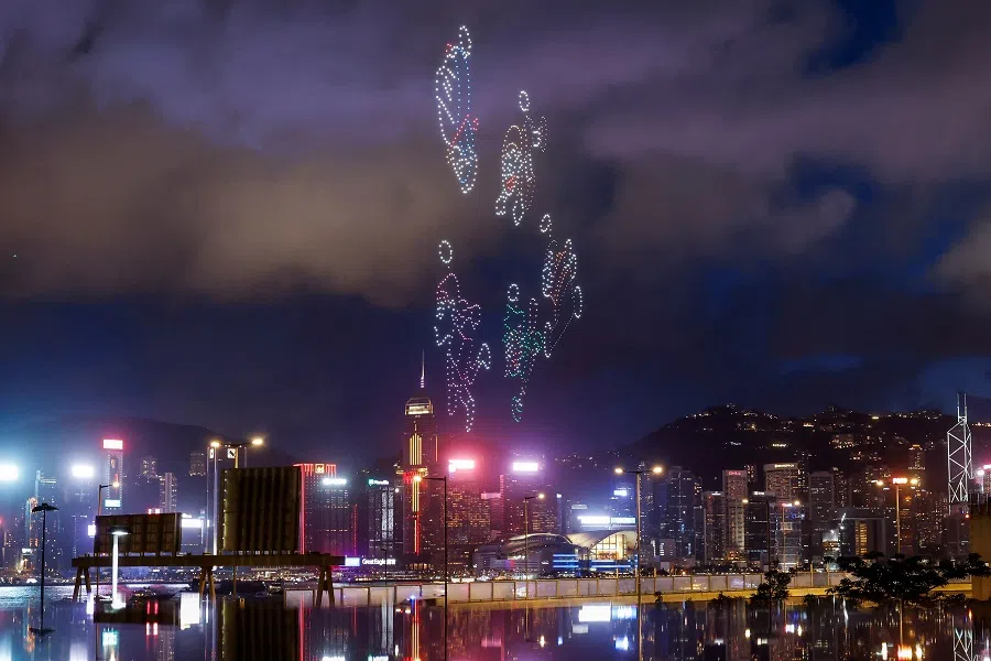 Approximately 1,000 drones illuminate the sky above Victoria Harbour during the Doraemon drone show in Hong Kong, China on 20 July 2024. (Tyrone Siu/Reuters)
