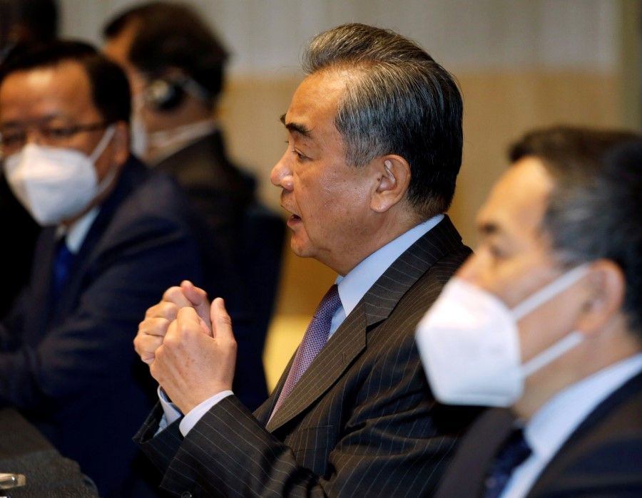 China's Foreign Minister Wang Yi speaks during a meeting in Manila, Philippines, 16 January 2021. (Francis Malasig/Pool via REUTERS)
