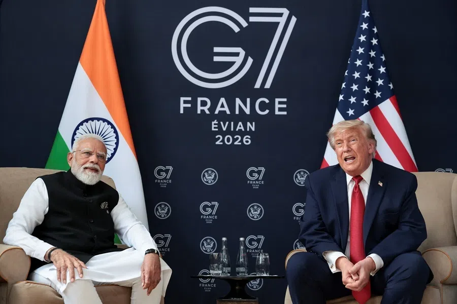 US President Donald Trump is seated with Indian Prime Minister Narendra Modi as they attend a bilateral meeting during the G7 Summit in Evian-les-Bains, France, on 17 June 2026.
