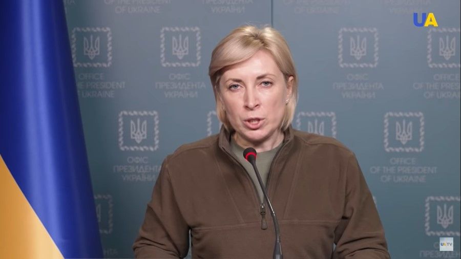 A screengrab from a video featuring Iryna Vereshchuk speaking on UATV, 8 March 2022. (YouTube)