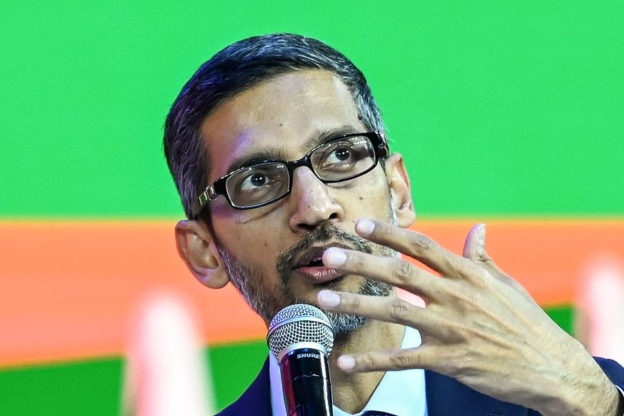 In this file photo taken on 19 December 2022, Sundar Pichai, CEO of Google Inc. speaks during an event in New Delhi. (Sajjad Hussain/AFP)