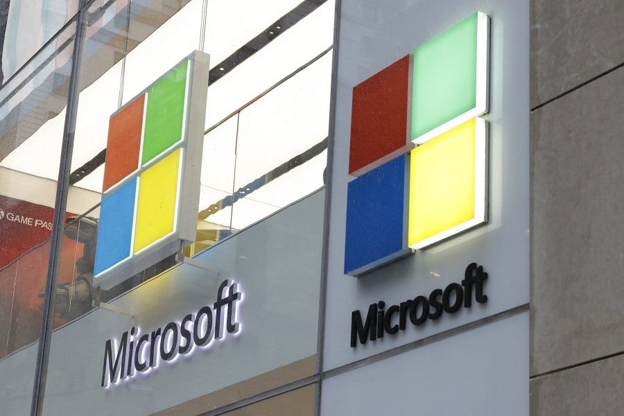 The Microsoft logo is seen at an Experience Center on Fifth Avenue on 3 April 2024 in New York City. (Michael M. Santiago/AFP)