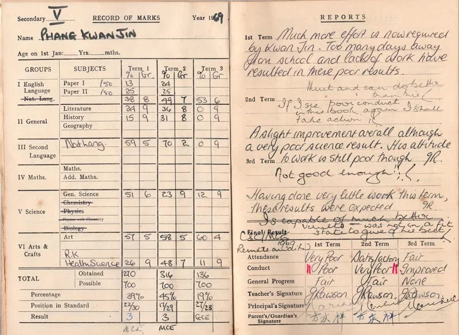 Despite his poor academic performance, my father was still appointed a school prefect in St Andrew’s school. This school report shown here is from when he was in Secondary 5, 1969.