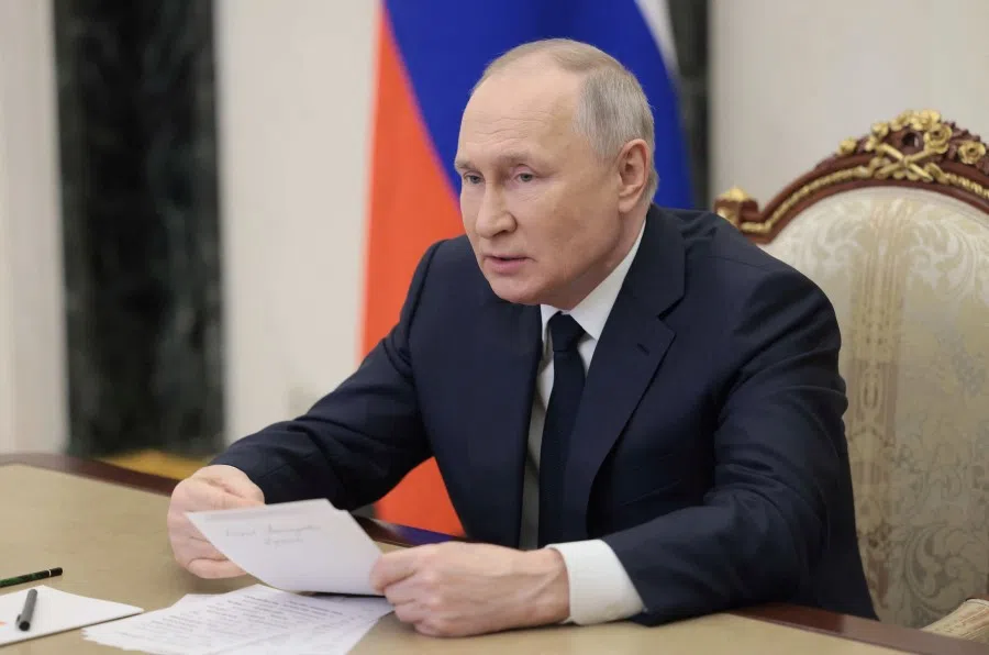 Russian President Vladimir Putin takes part in the opening ceremony of the Year of Teacher and Mentor, via video link in Moscow, Russia, 2 March 2023. (Sputnik/Mikhail Metzel/Pool via Reuters)