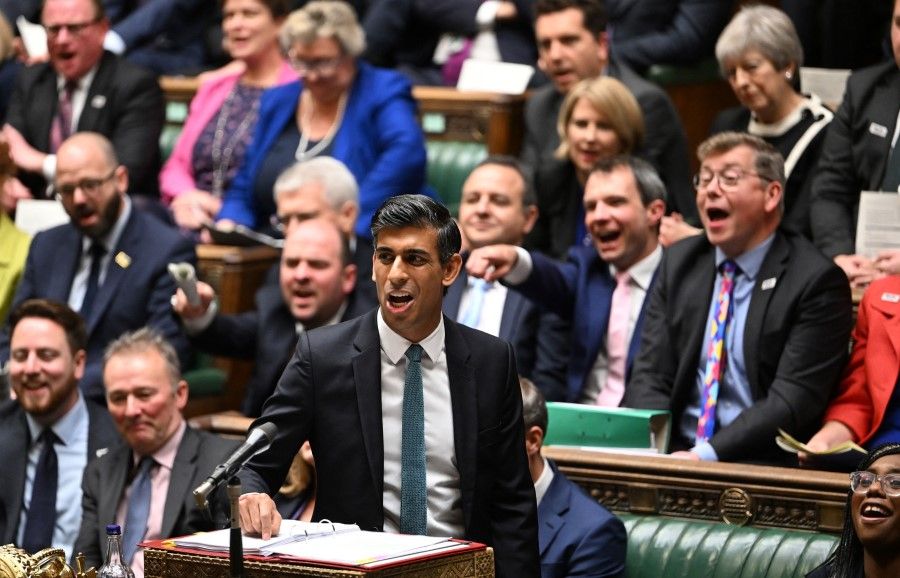 A handout photograph released by the UK Parliament shows Britain's Prime Minister Rishi Sunak speaking during his first Prime Minister's Questions (PMQs) in the House of Commons in London on 26 October 2022. (Jessica Taylor/AFP)