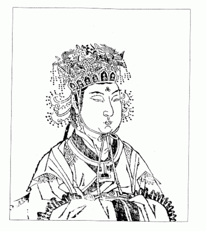A portrait of Wu Zetian in print version. Found in A Collection of Portraits of Emperors (《明刻历代帝贤像》). (Internet)