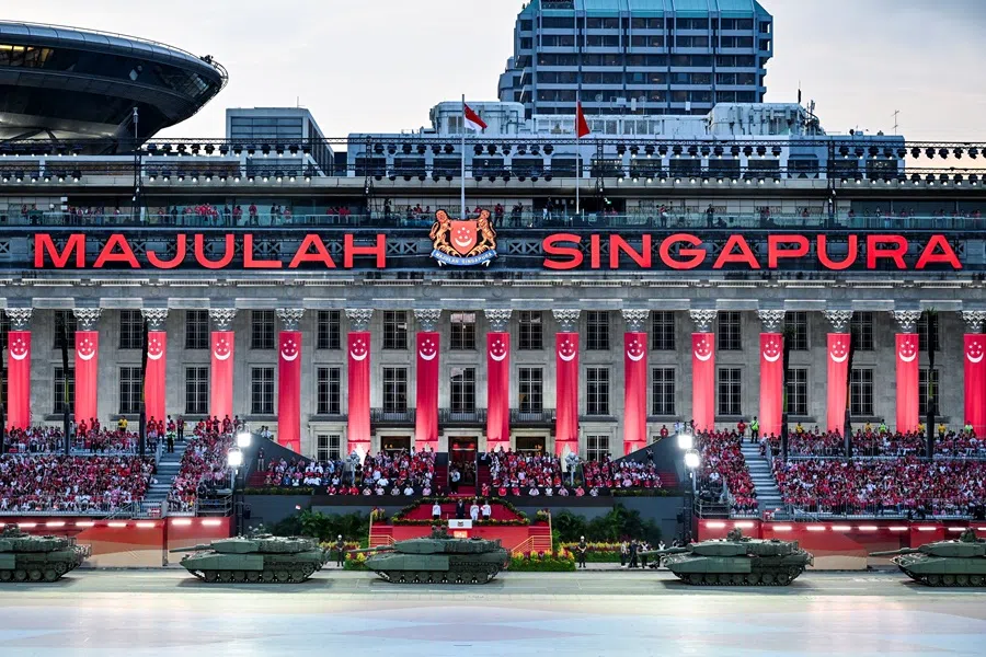 The mobile column displays military weaponry at the 60th National Day Parade in Singapore on 9 August 2025.