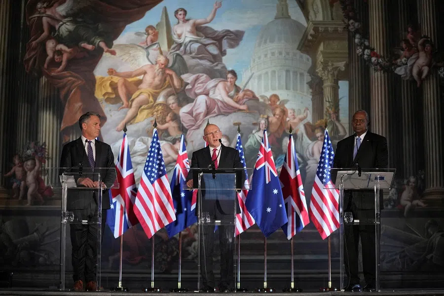 UK Defence Secretary John Healey, US Defence Secretary Lloyd Austin, and Australian Defence Minister Richard Marles hold a press conference at the AUKUS Defence Ministers Meeting at Old Royal Naval College, Greenwich, London, on 26 September 2024. (Kin Cheung/via Reuters)