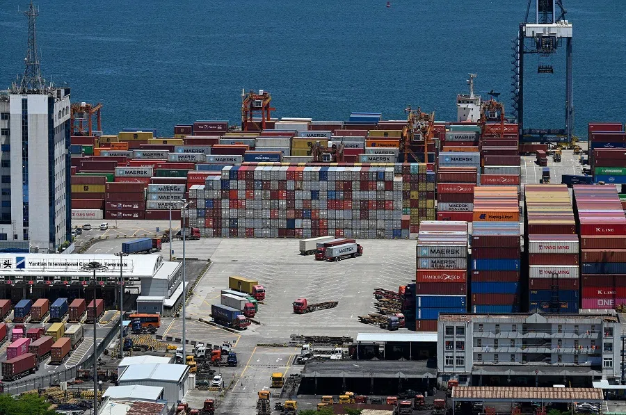 This photo taken on 13 July 2022 shows cargo containers stacked at Yantian port in Shenzhen, Guangdong province, China. (Jade Gao/AFP)