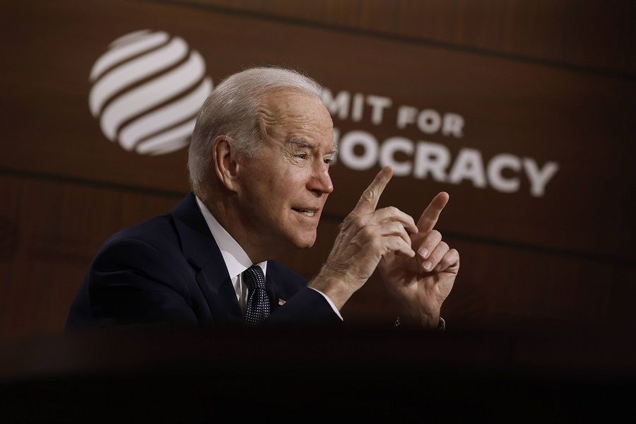 US President Joe Biden delivers opening remarks for the virtual Summit for Democracy in the South Court Auditorium on 9 December 2021 in Washington, DC, US. (Chip Somodevilla/Getty Images/AFP)